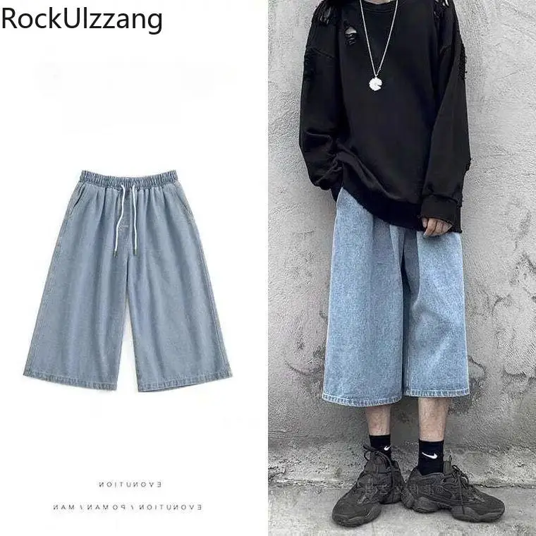 

Drawstring Elastic Waist Calf Length Loose Straight Jeans Denim Pant Summer Men Casual Fashion Half Trouser Plus Size Hip Hop