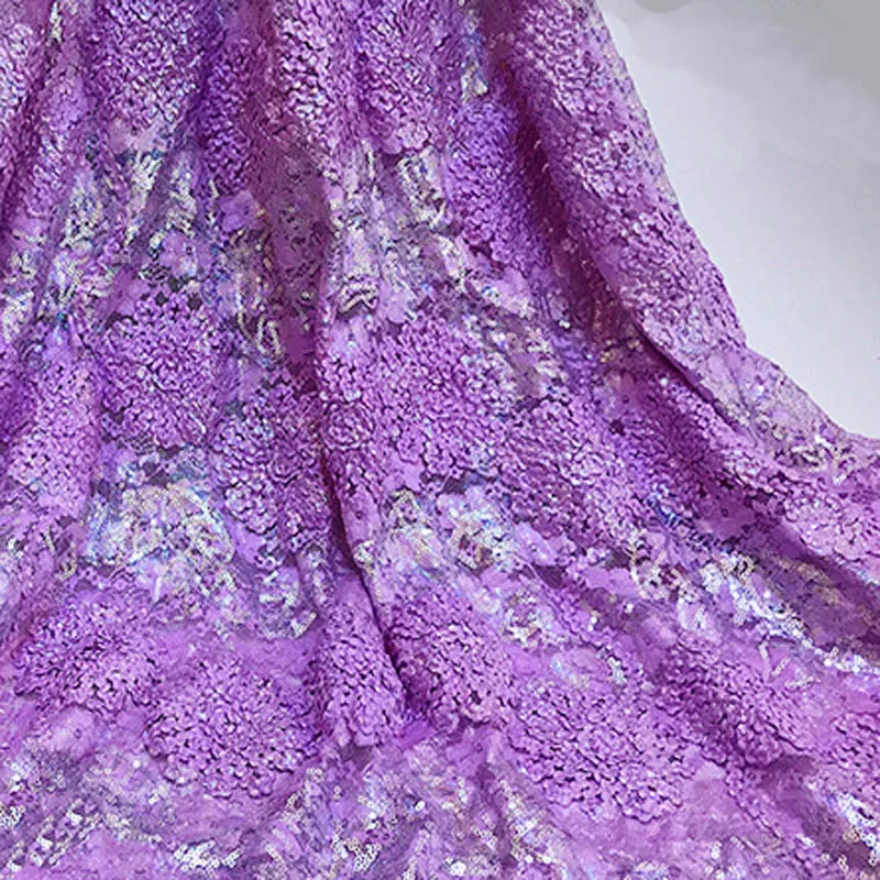 Luxurious Lace Fabric with Cotton Laces, Tulle Embroidery, Stone Sewing, Purple Lace Fabric, High Quality, Italy Sale