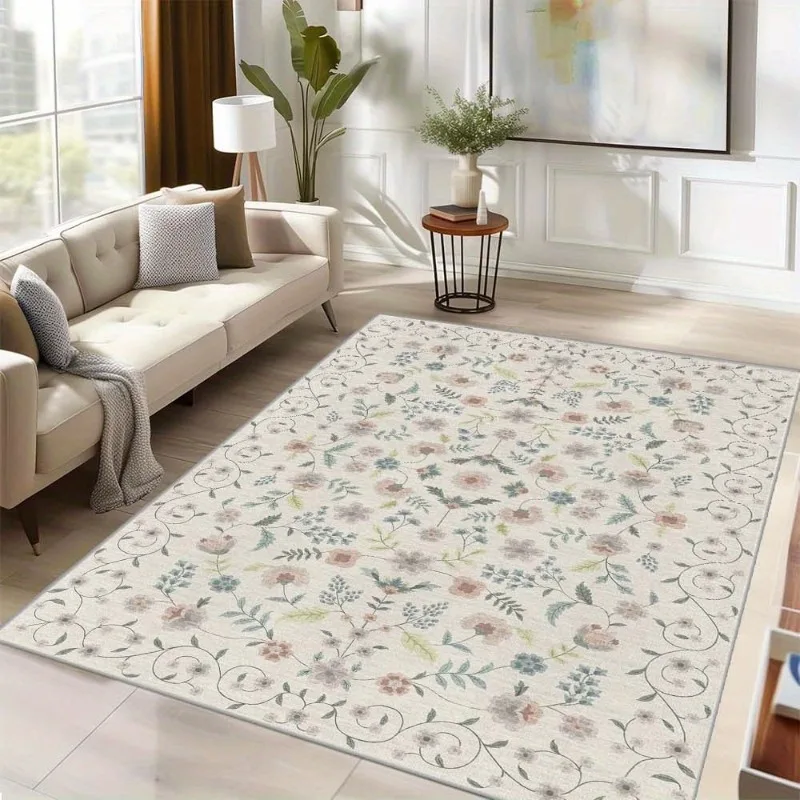 

Living Room Carpet Non-slip Soft Machine Washable Floor Mat Bohemian Pink Floral Rug Bedroom Home Decoration Mats Washable Rugs
