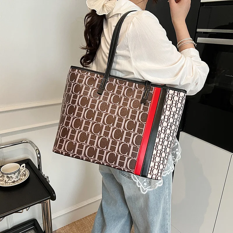 

​ ​ Винтажная большая сумка с монограммой 2025 года, минималистичная женская сумка через плечо с верхней ручкой, просторная сумка через плечо в стиле ретро, арочный принт
