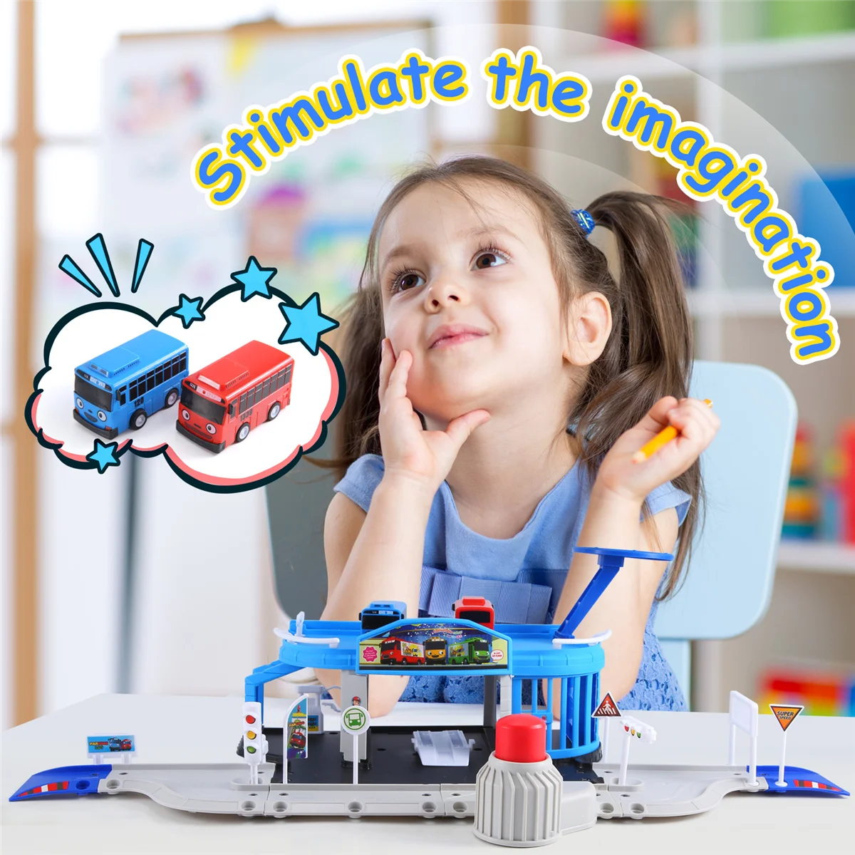 

BFYL-мультфильмы Tayo the Little Bus Set, собранная автобусная станция, парковка, модель автомобиля для подиума с 2-мя мини-автобусами Tayo