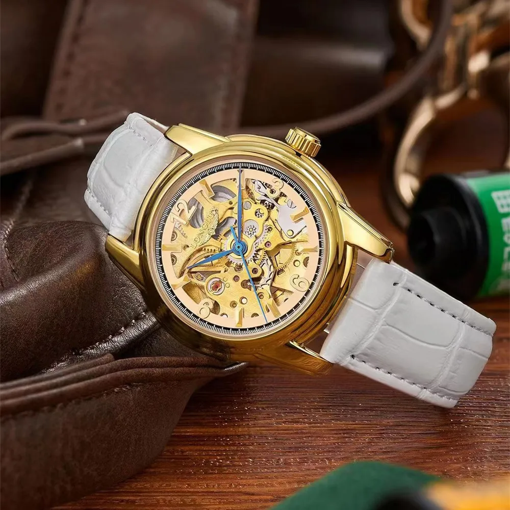 Women Automatic Mechanical Watch Waterproof Luminous Skeleton Leather Strap Casual Classic Wristwatch Gift For Ladies