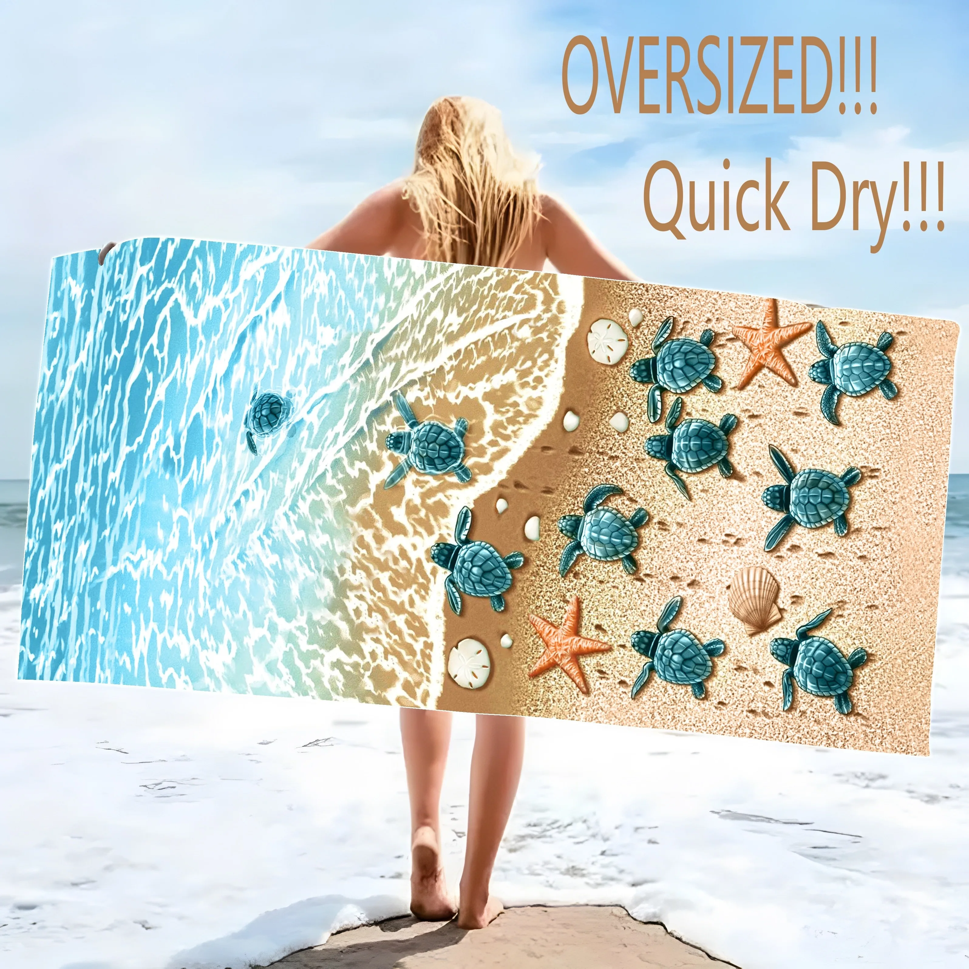 Oversized Microfiber Beach Towel with Cute Sea Stars and Turtles Graphic Pattern Lightweight and Modern