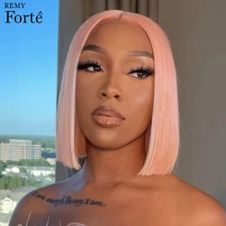 Pink Bob Wigs Human Hair Straight Pink Lace Front Wig Human Hair Colorful Short Bob Wigs Human Hair Pre-Plucked With Baby Hair