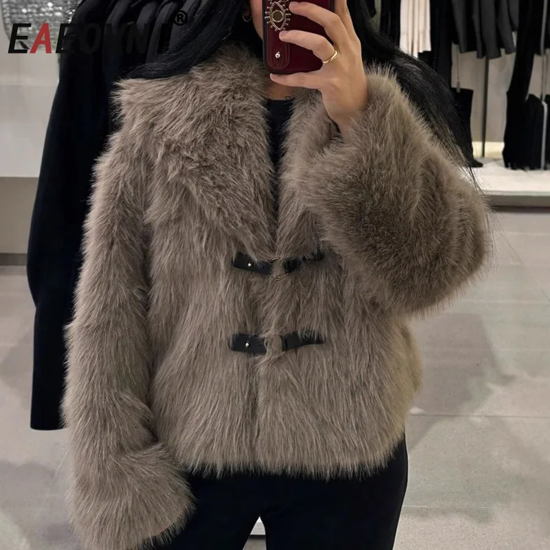 

EAEOVNI Winter Lamb Fur Women's Coat Fashion Lapel Belt Button Design Vintage Warm Autumn Winter New Jacket Clothing