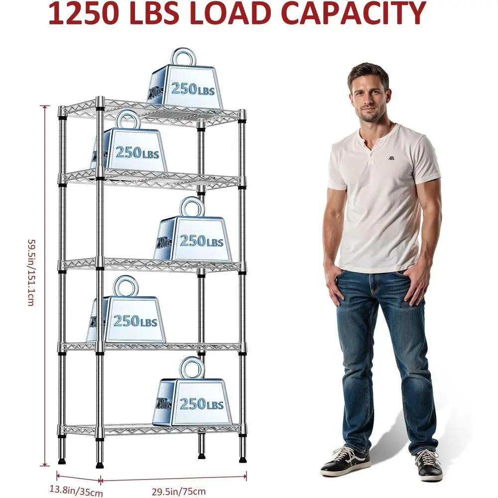 5段式ヘビーデューティーメタルワイヤーシェルフ、耐荷重1250ポンド、キッチン、オフィス、ガレージオーガナイザー