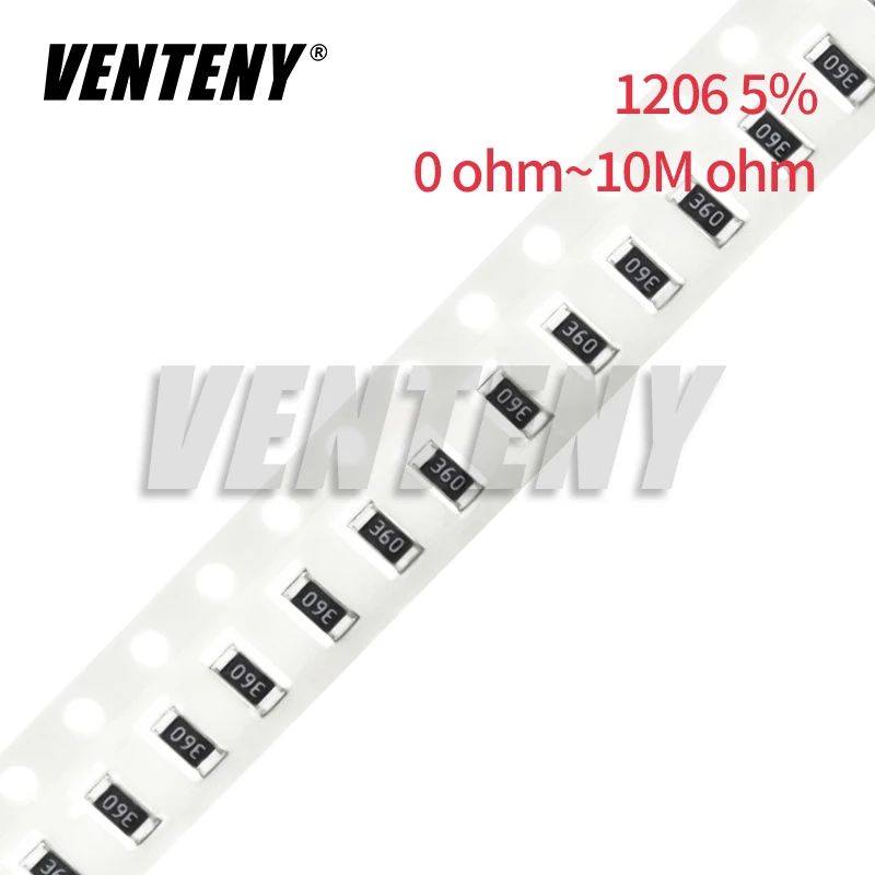 Resistencia SMD de 100 piezas, 1206, 5%, 0R ~ 10M, 1/4W, 0, 1, 10, 100, 150, 220 ohm, 1K, 330 K, 2,2 K, 10K, 4,7 K, 1R, 10R, 100R, 150R, 220R, 330R, 470R 1M