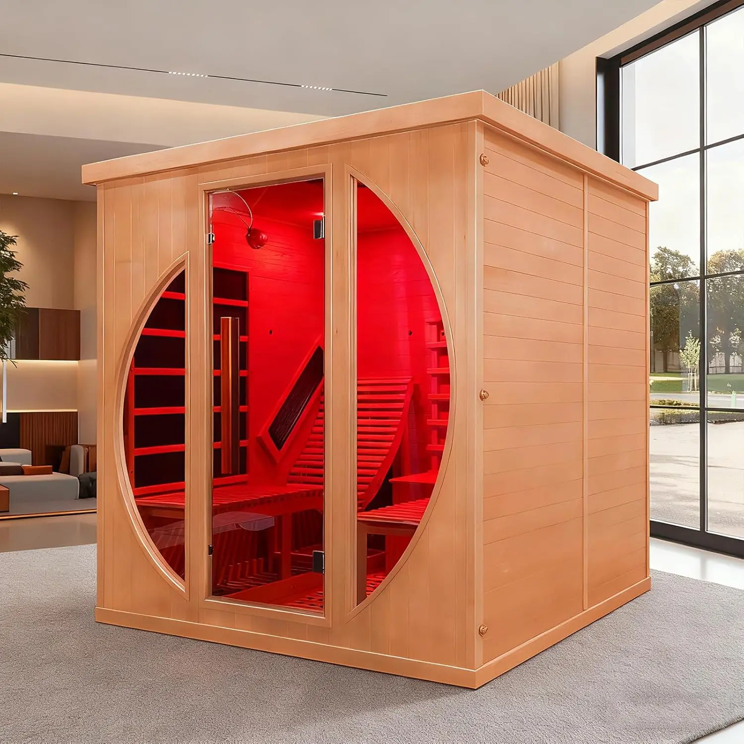 Infrared 2 Person Wooden Sauna Room with Recliner, 3400W Dry Heat Sauna Bluetooth Speaker, 7Color Lights, Oxygen Bar