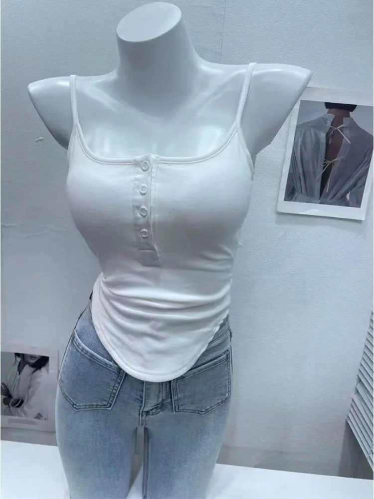 Button Camisole Women Solid All-match Slim Irregular Ins Hotsweet Fashion Ulzzang Summer Ladies Temperament Classic Korean Style