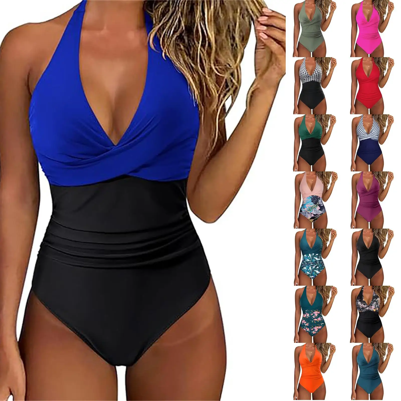 Tummy Control Swimsuit Summer Sexy Cross Front Striped One Piece Beach Halter Neck Ruched Backless Color Block Bathing Suit