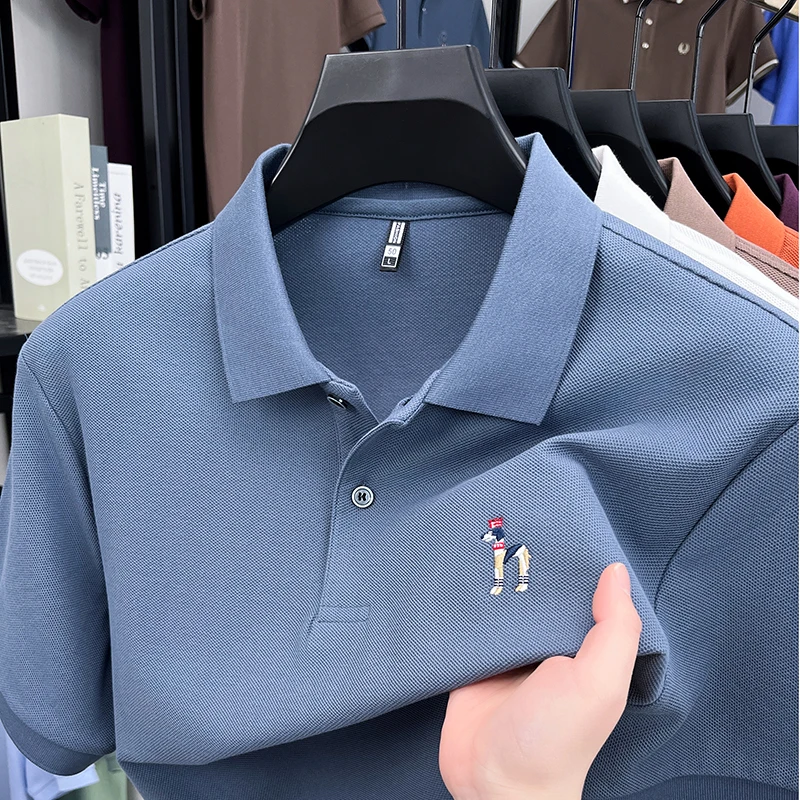 Hochwertiges Herren-Sommer-Poloshirt mit kurzen Ärmeln, 100% Baumwolle, Stickerei, Revers, Knöpfe, britischer Stil, modisches T-Shirt, Herrenbekleidung