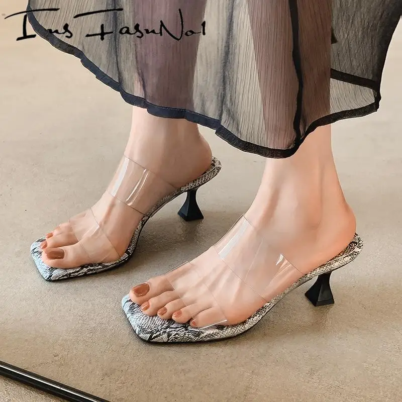 

Sqaure Open Toe Transparent Women's Slippers Fashion All Match Causal High Heel Single Shoes Summer Outdoor Luxury Slippers New