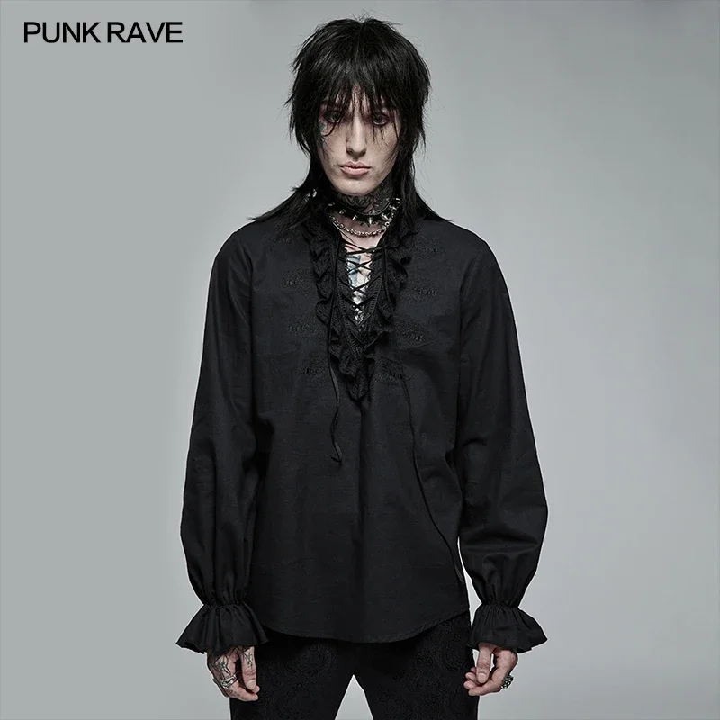 PUNK RAVE Men\'s Gothic Skeleton Embroidered Lace Long Sleeve Shirt Party Loose Men Clothing Black Dress Shirts Spring Summer