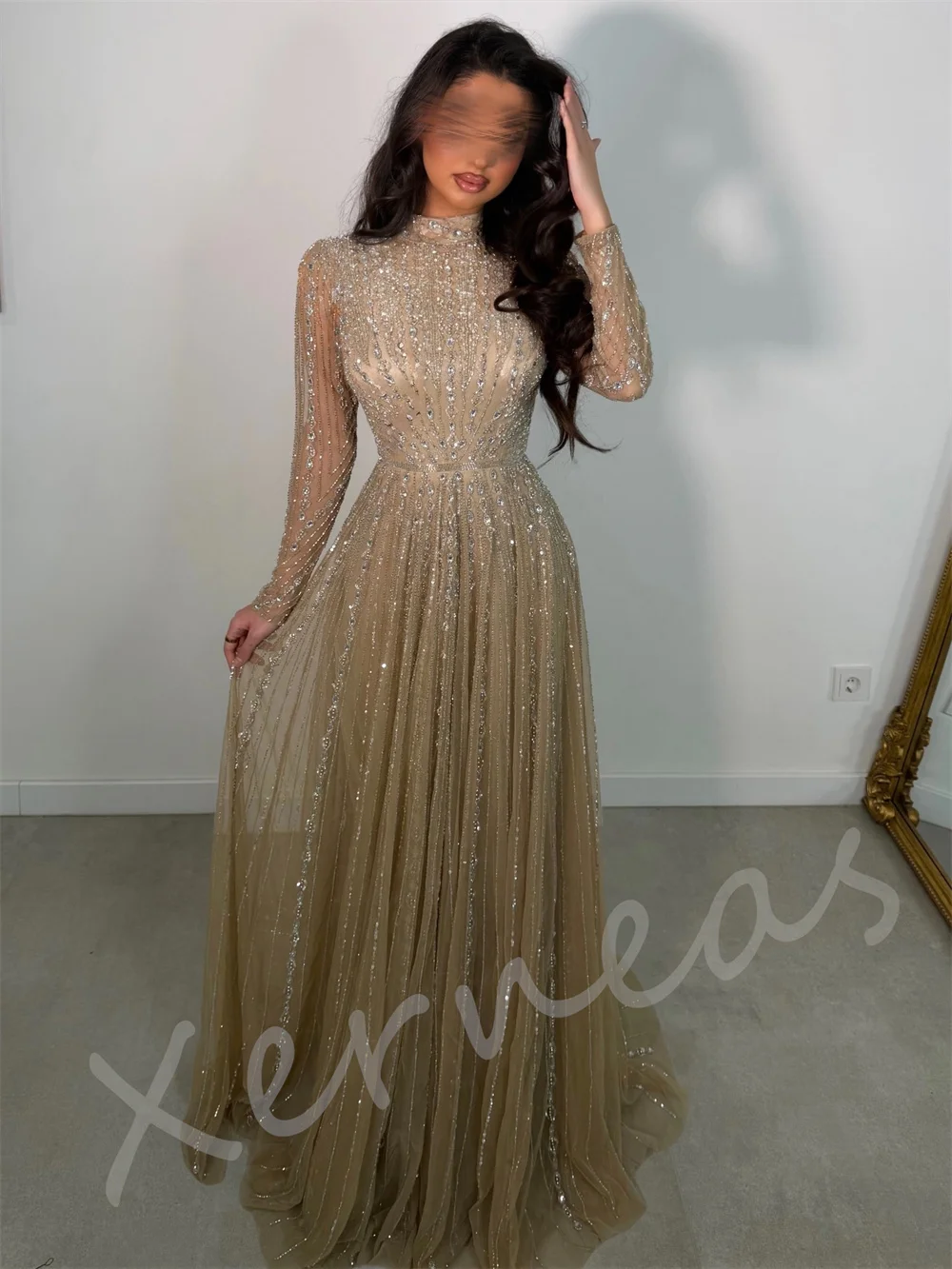 Customized Luxury Sparkle Long Sleeves Evening Gowns Pleat High Collar A-line Long Dresses Elegant Wedding Party Gown Gorgeous image 3