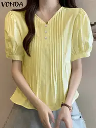 2024 VONDA Women Summer Blouses Sexy V-Neck Solid Color Casual Pleated Shirts Short Puff Sleeve Tunic Tops Elegant Blusas Femme