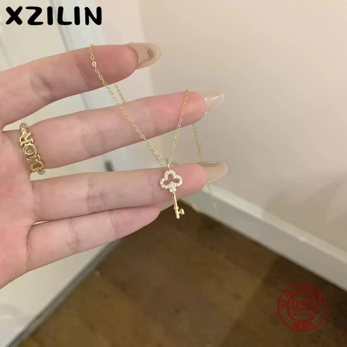 

XZiLin 100% S925 Sterling Silver Plating 14K Gold Necklace for Women Zircon Key light luxury Mini Clavicle Chain