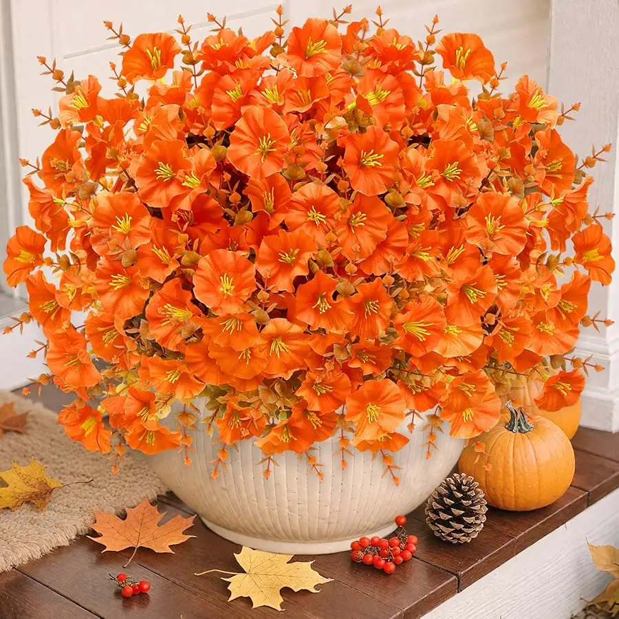 

Artificial Mums for Outdoors Fall Flowers Plants for Autumn Decor, 12 Bundles Silk Morning Glory with Brown Eucalyptus UV Resist