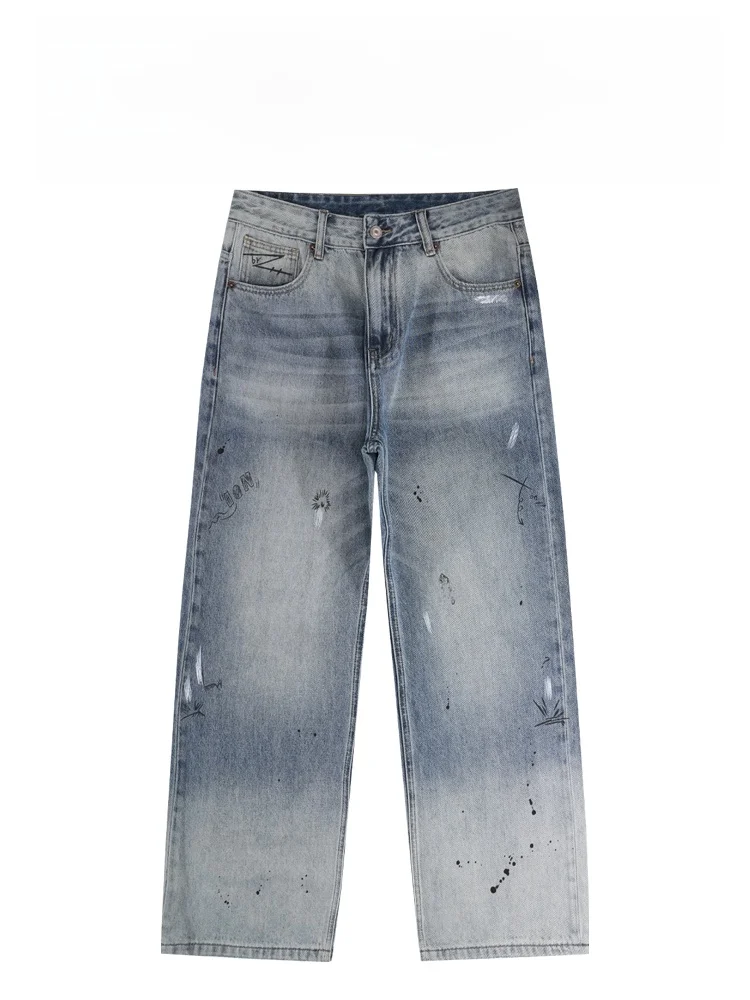 

American Sle adient Dyeing Loose Straight Leg Casual Jeans Men's Long Trousers Faionable Urban Youth Cotton Polyester B...