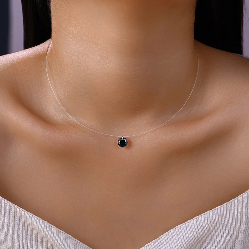 

JIUZUAN 2 карата черный муассанит ожерелье S925 серебряный невидимый проволочный кулон для женщин минималистичный элегантный повседневный носок ожерелье