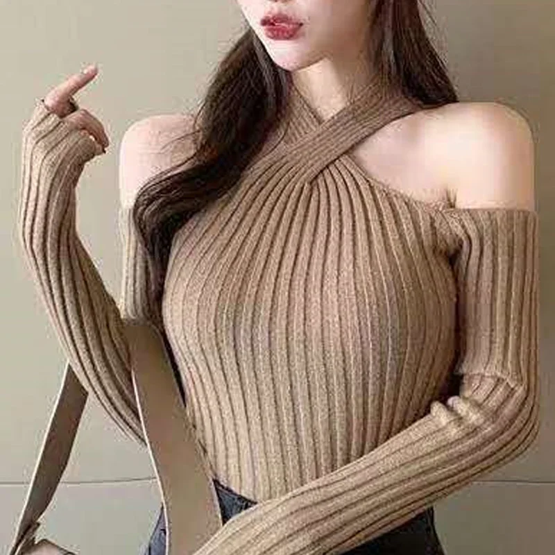 

Autumn Casual Slim Fit Knitwear Winter Long Sleeve Knitted Tops Elegant Halter Neck Neck Knitted Pullover Sexy Women Sweater