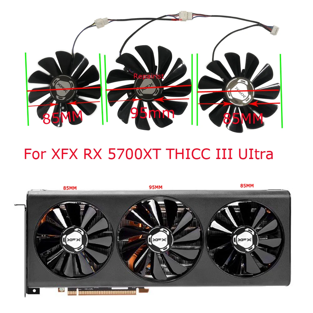 3Pcs/Set,CF1010U12S,FDC10U12S9-C,Graphics Card Fan,GPU Cooler,For XFX RX 5700 XT RX 5700XT THICC III UItra,Video Cards Cooling