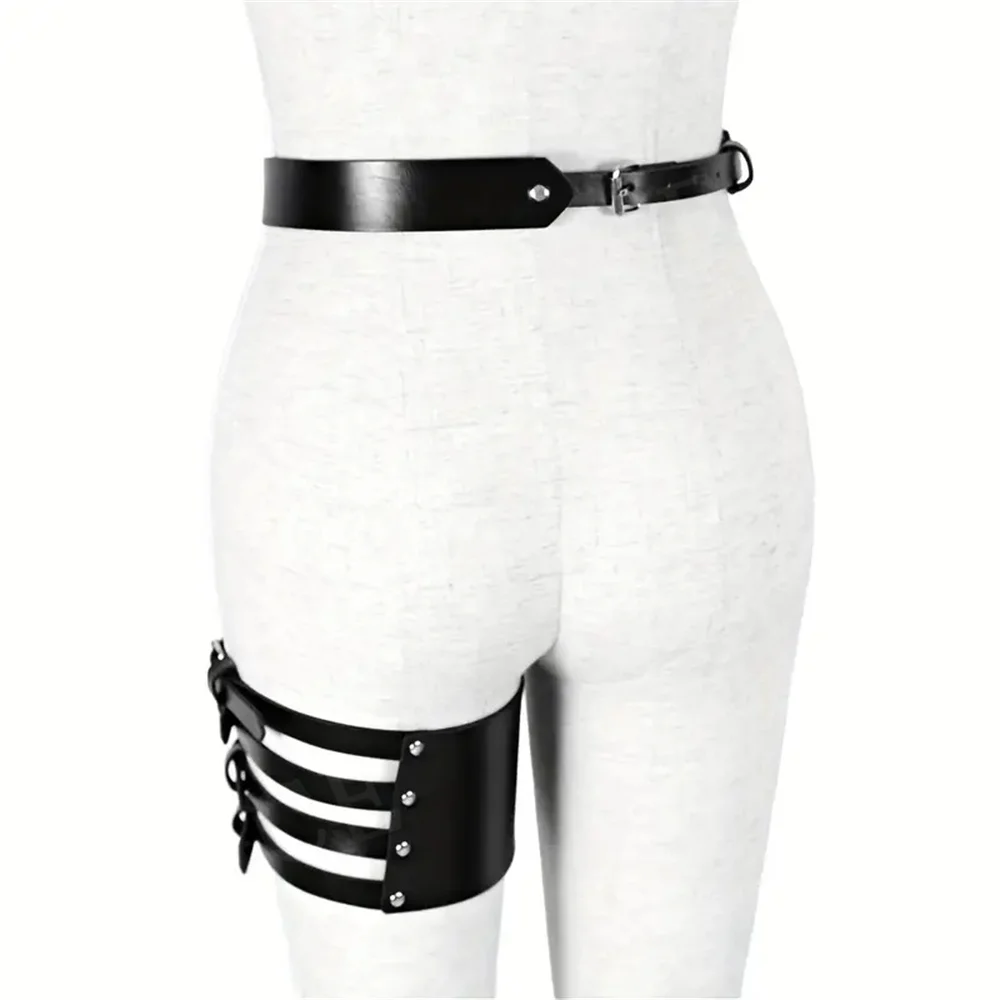 Gothic Single Leg Harness Belt Wide Multi Layer Buckle PU Leather Garter Belt Adjustable Thigh Belt Women\'s Waistband Accessorie