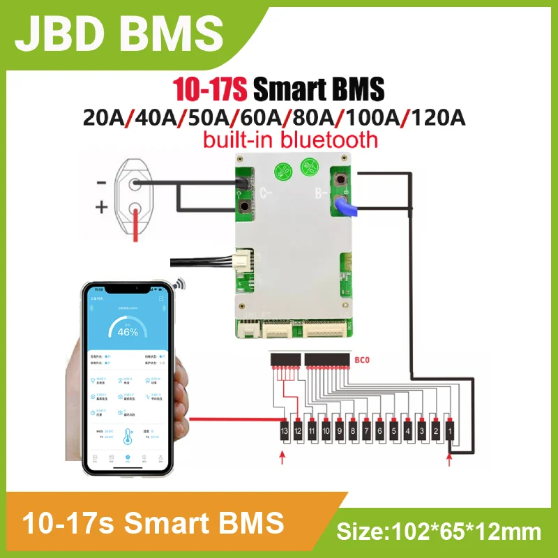 JBDBluetoothSmartBMS10Sto17S13S14S16SLithiumBatteryProtectionBoard36V48VNMCLFP20A40A50A60A80A100A120A-AliExpress44