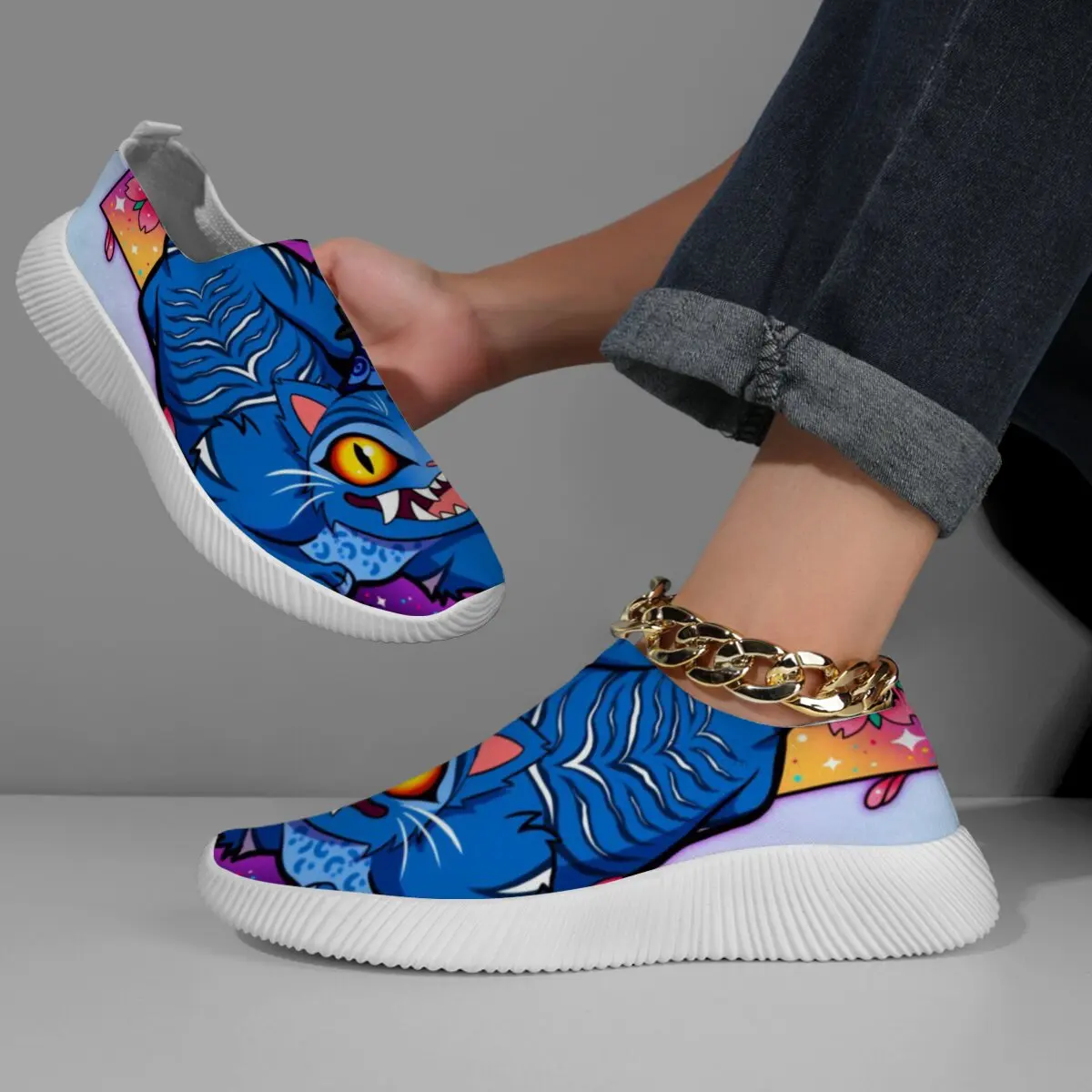 

Colorful Blue Cartoon Tiger Printed Slip-On Shoes Casual Sports Shoes for Women Breathable Lace-up Flat Shoes Loafers