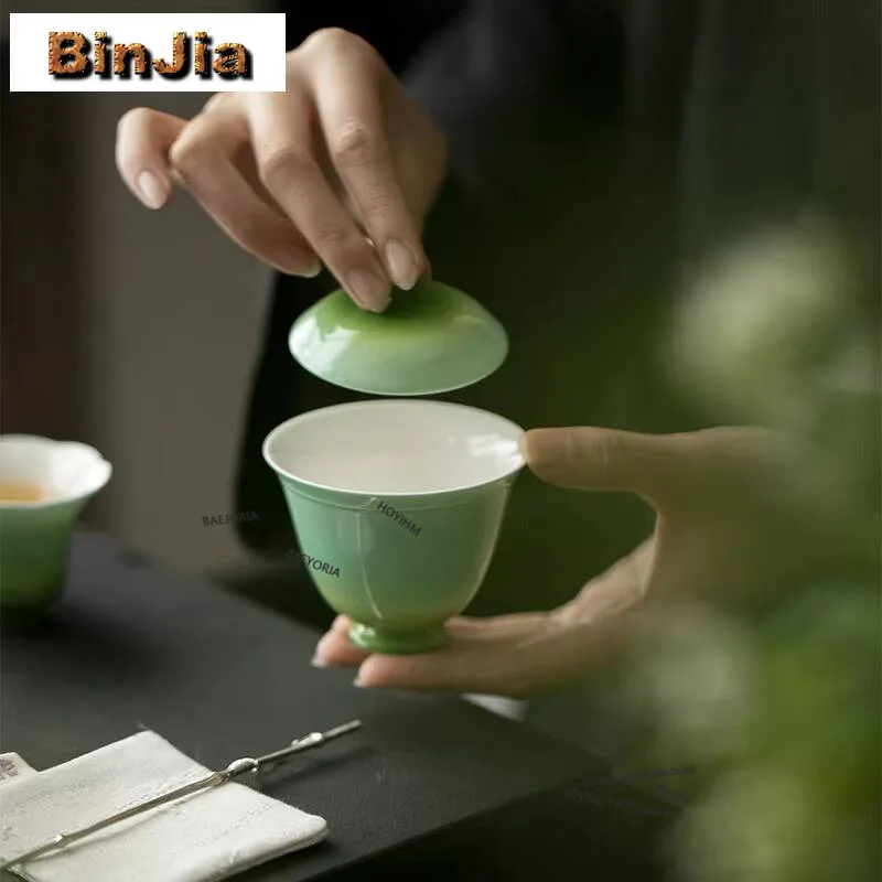 115ml Gradient Ramp Emerald Green Small High Footed Gaiwan Zen Tea Tureen Tea Bowl With Lid Kit Tea Making Cover Bowl Drinkware