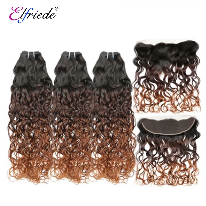 Elfriade-mechones de cabello humano ondulado con malla Frontal, extensiones de cabello de color ombré con Frontal 4/30 Remy, 3 mechones, 1B/100%