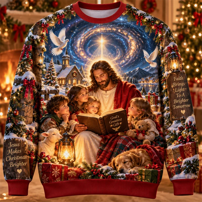 Jesus Christmas Sweatshirt Christian Faith Nativity Graphic Crewneck Xmas Pullover Holiday Winter Religious Gift Streetwear Top