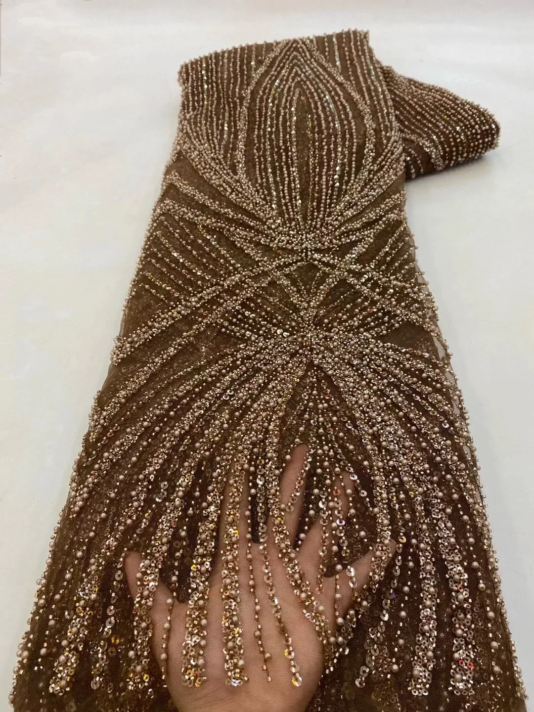 1 yards High Quality African Sequins Pearls Lace Fabric 2026 French Heavy Beaded Tulle for Bridal Party Dresses Nigeria Style
