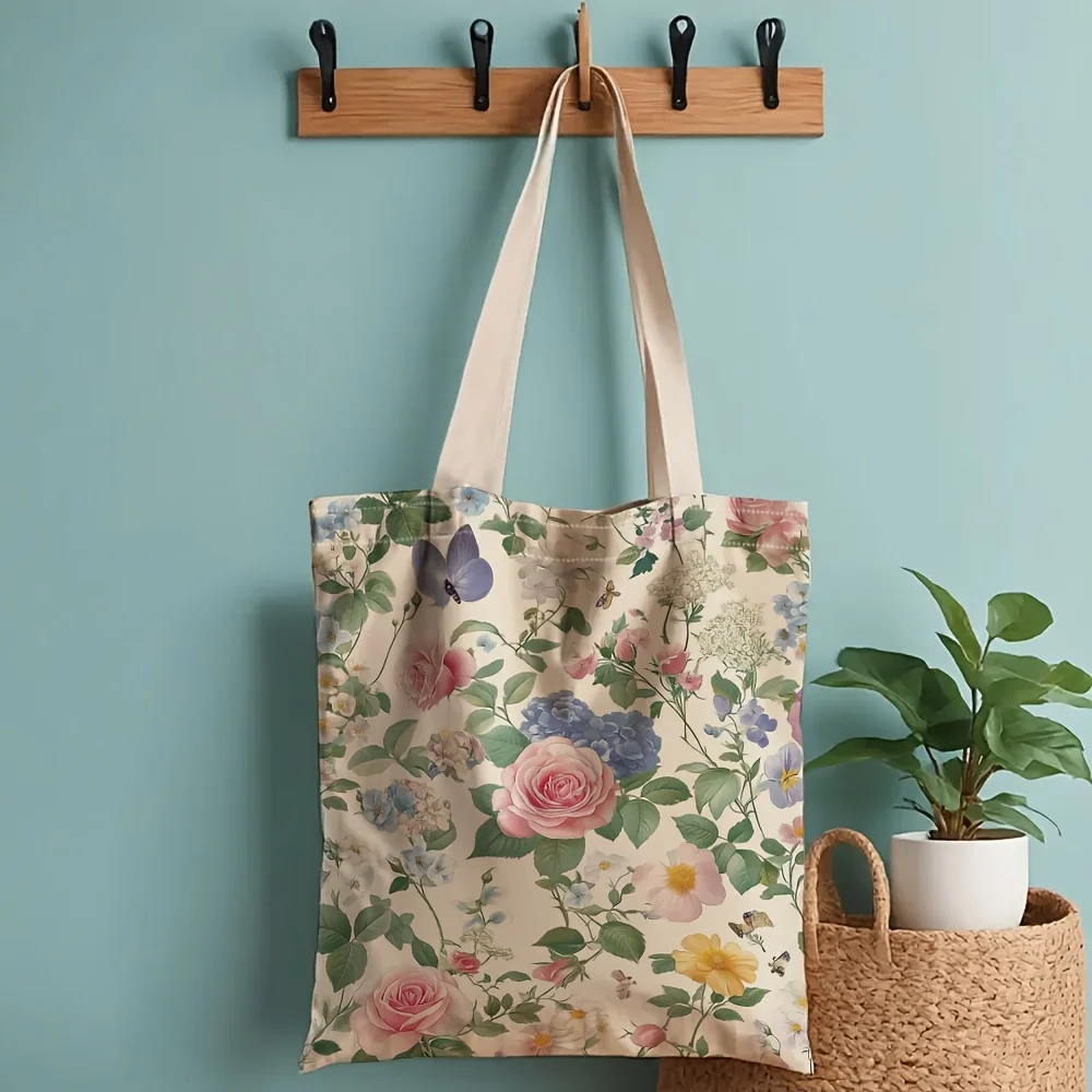 1pc,Double-sided PrintVintage Watercolor Rose Butterfly Garden Shoulder Bag, Multi-Color Peony, Wild Rose & Insect Floral Full P