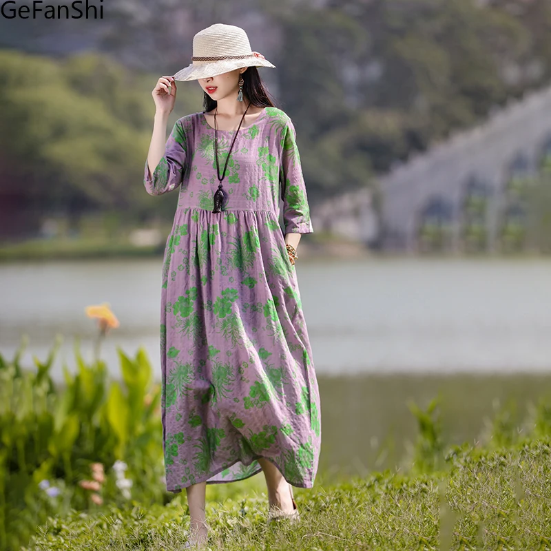 

2023 Summer O-Neck Print Floral Vintage Holiday Beach Dresses For Women Loose Casual Dress Robe Ladies Elegant Clothing