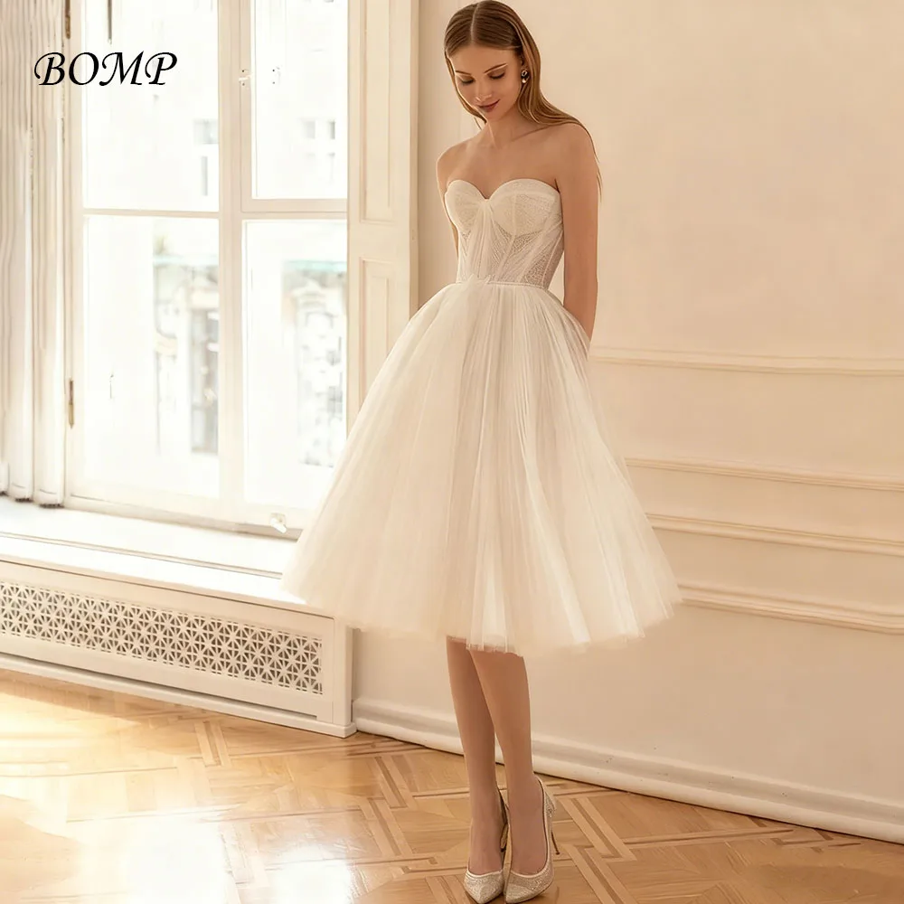 BOMP 신부를위한 간단한 미니 웨딩 드레스 연인 아이보리 튤 무릎 길이 여성 공주 신부 가운 맞춤형 로브 드 마리에