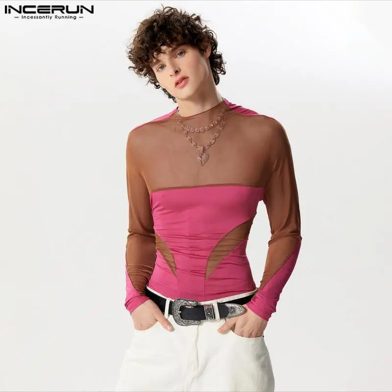 INCERUN Sexy Mens Homewear Jumpsuits Fashion Mesh Deconstruction Design Rompers Splicing Long Sleeved Triangular Bodysuits S-3XL