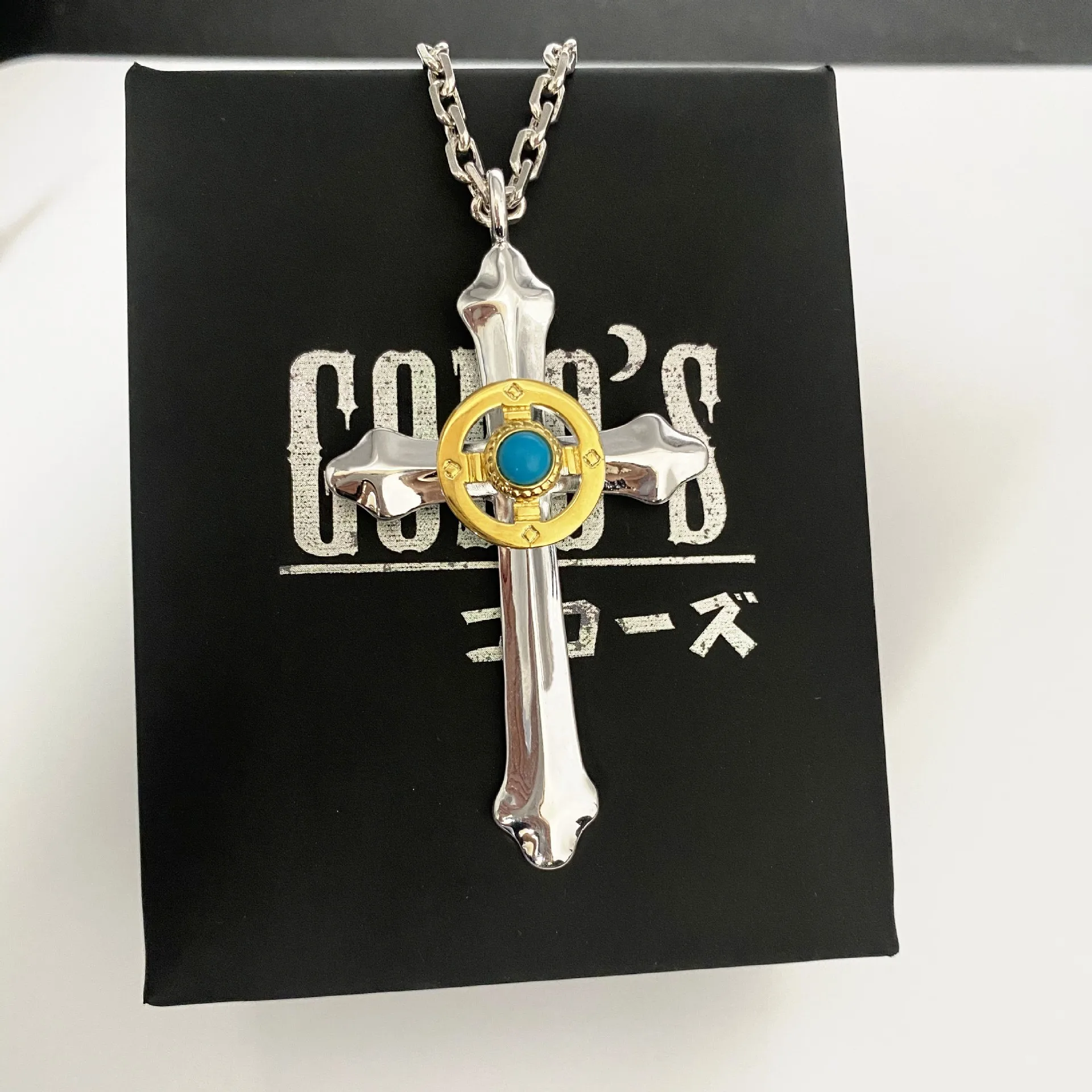 

Takahashi Goro's Goro Inlaid Blue Turquoise Cross Pendant Thai Silver Vintage Japanese-Korean Couple Necklace Tai Jiao Chain