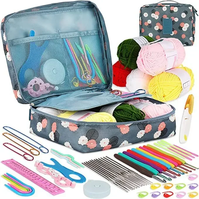 

Portable 58pcs Crochet Hooks Kits with Bag Wool Knitting Tool DIY Sewing Ruler Needles Yarn Complete Set of Crochet Material Kit