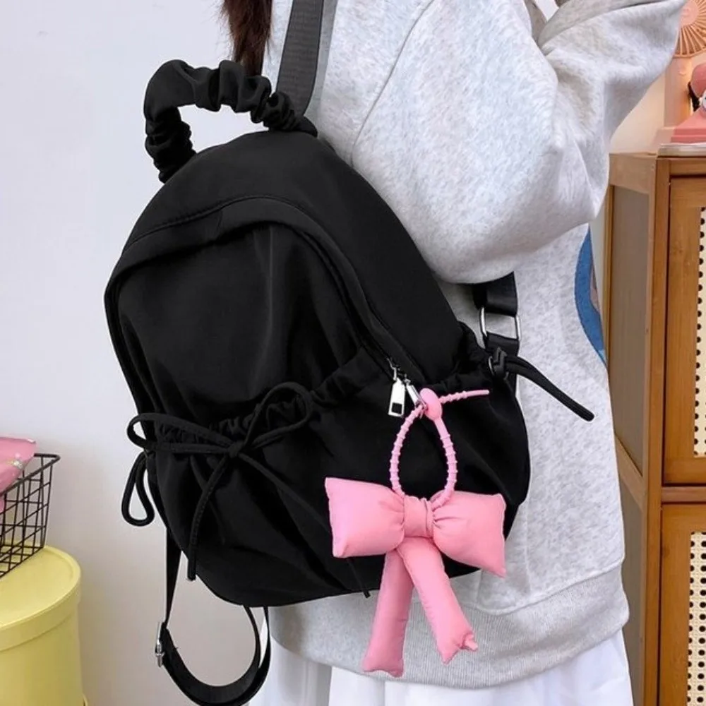 Nylon Student Drawstring Backpack Adjustable Shoulder Straps Large Capacity Travel Rucksack Ruched Design Soft Bow Daypack