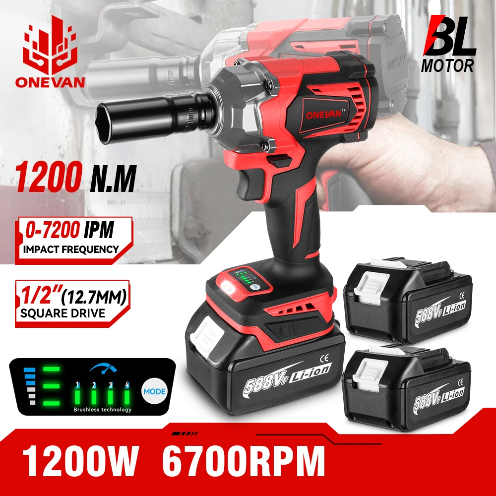 1200 N.M Powerful Torque Brushless Electric Impact Wrench 1/2 In Cordless Wrench Screwdriver Power Tools For Makita 18V Battery