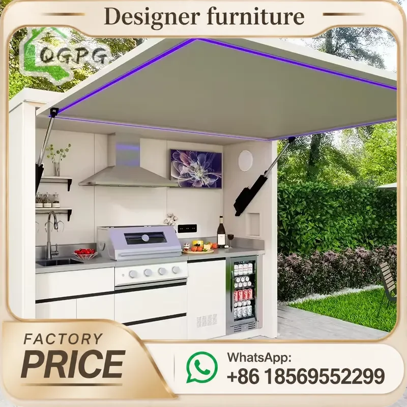 Stainless Steel Motorized Flip Up Door Outdoor Kitchen Integrated Grill Sink Storage For Garden Patio All In One Quick