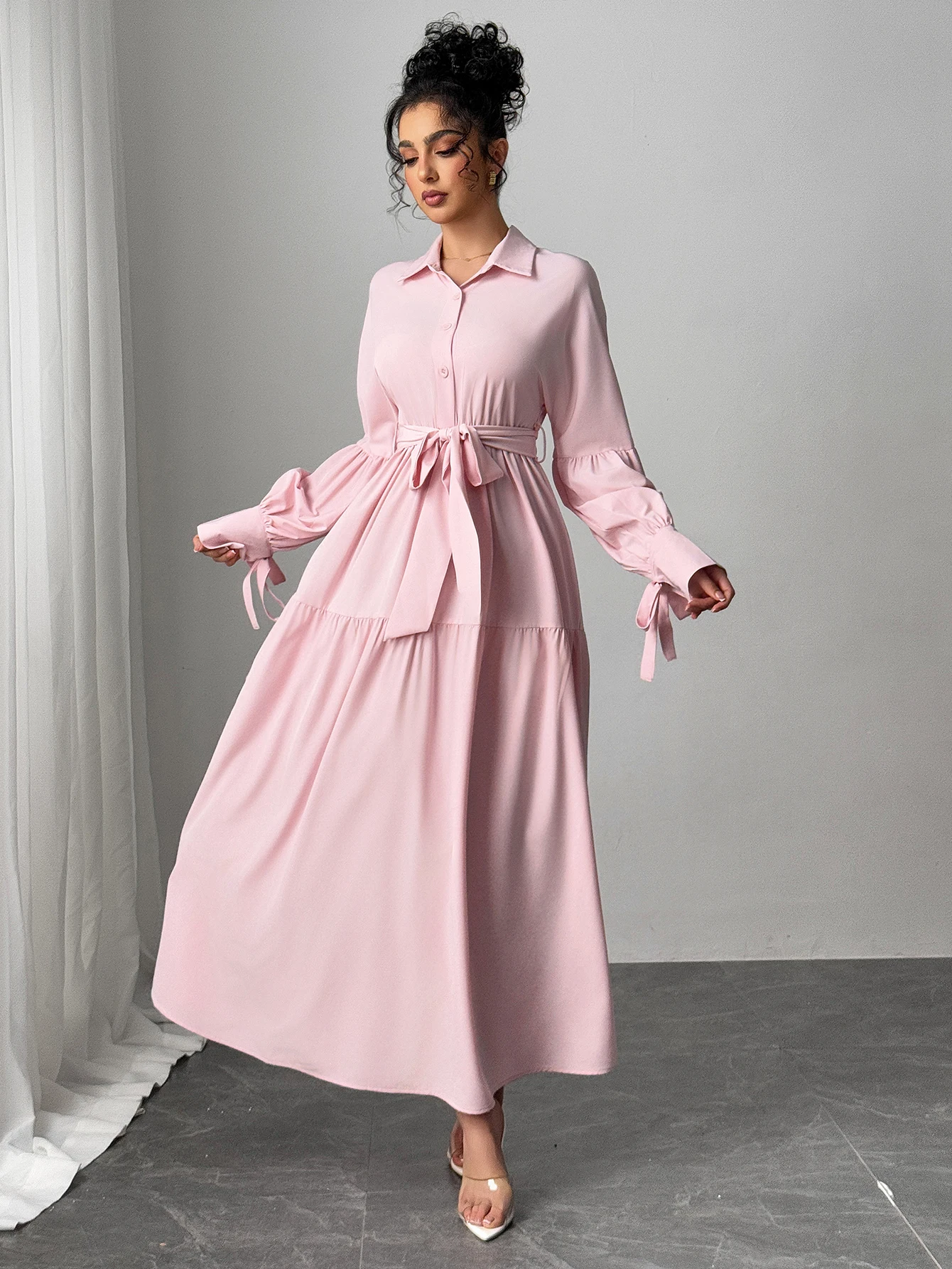 Primavera verão feminino luz rosa vestidos camisa colarinho laço puff manga auto-gravata em camadas maxi vestido elegante vestido diário