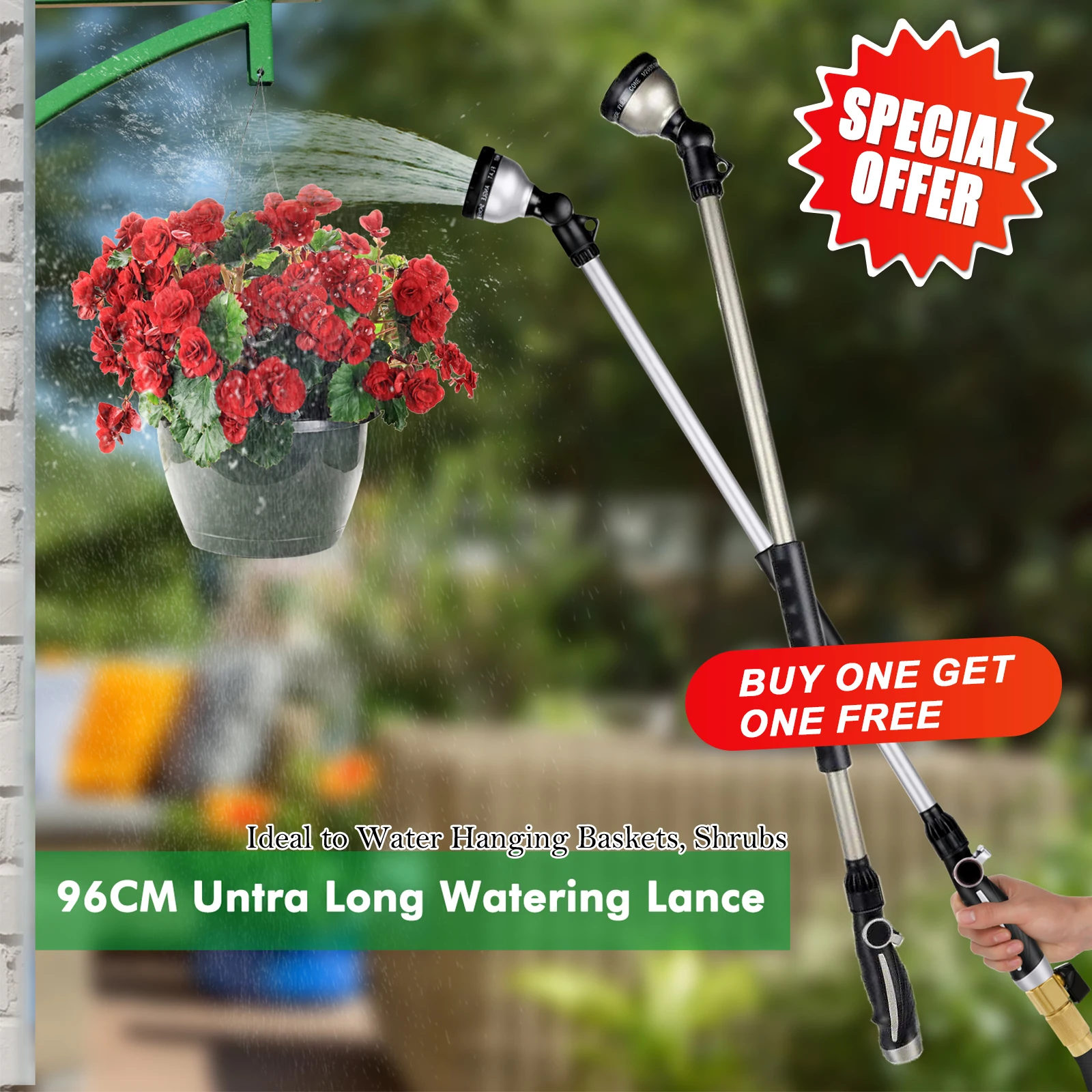

36” Long Metal Garden Heavy Duty Hose Nozzle Sprayer with 10 Spray Patterns&Thumb Flow Control for Water Hanging Baskets Shrubs