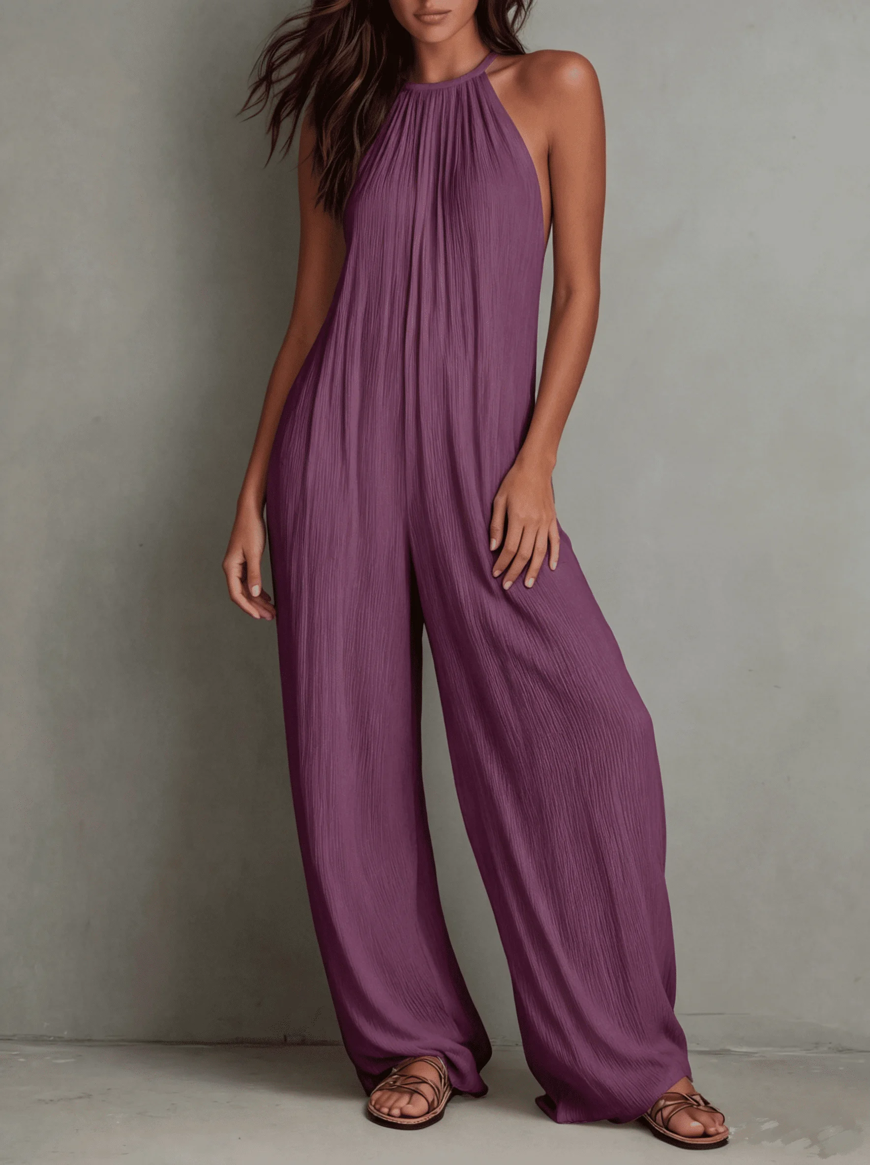 

Women Halter Neck Off Shoulder Jumpsuit Sleeveless Loose Wide Leg With Pockets Casual Summer Beach