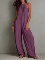 Women Halter Neck Off Shoulder Jumpsuit Sleeveless Loose Wide Leg With Pockets Casual Summer Beach