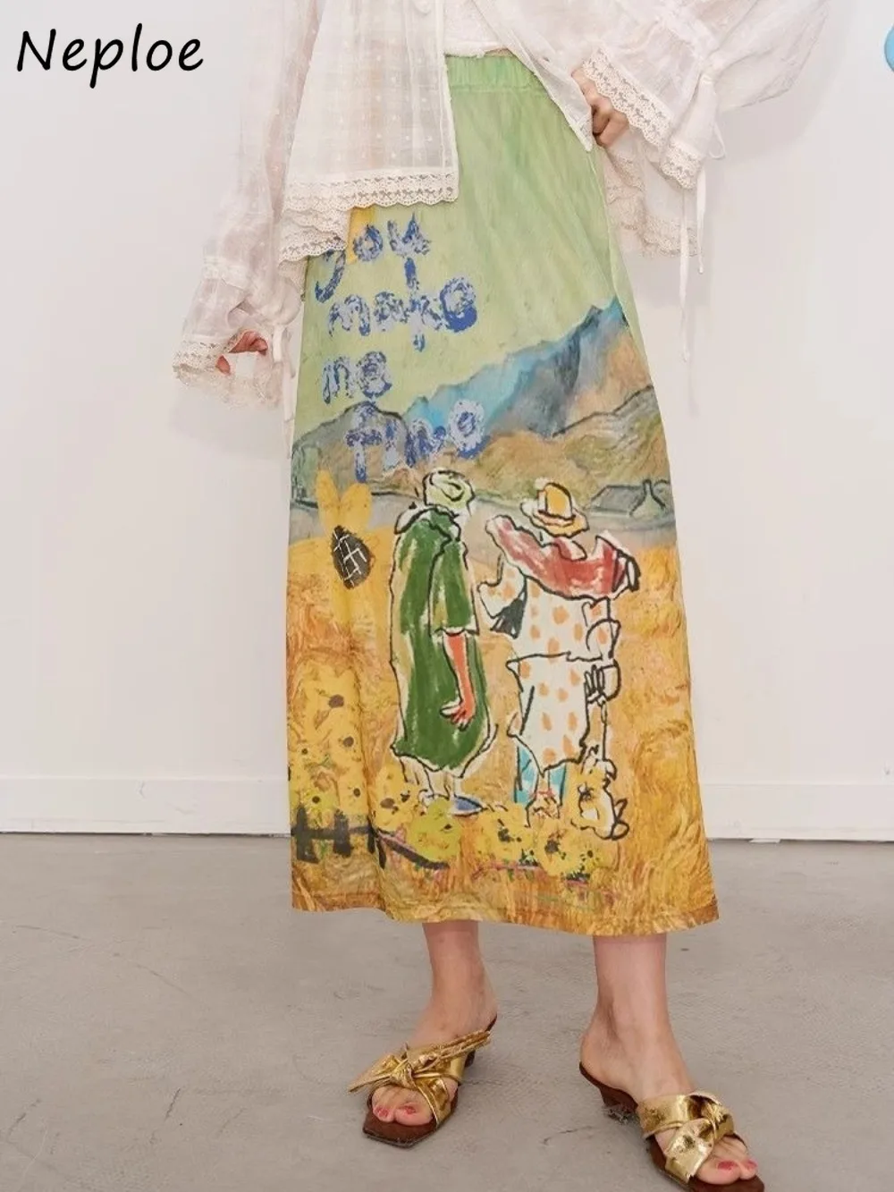 

Neploe креативная длинная юбка с прямым принтом, новинка лета 2025, тонкая повседневная одежда Mujer Faldas, универсальная длинная юбка с индивидуальным дизайном Moda Falda