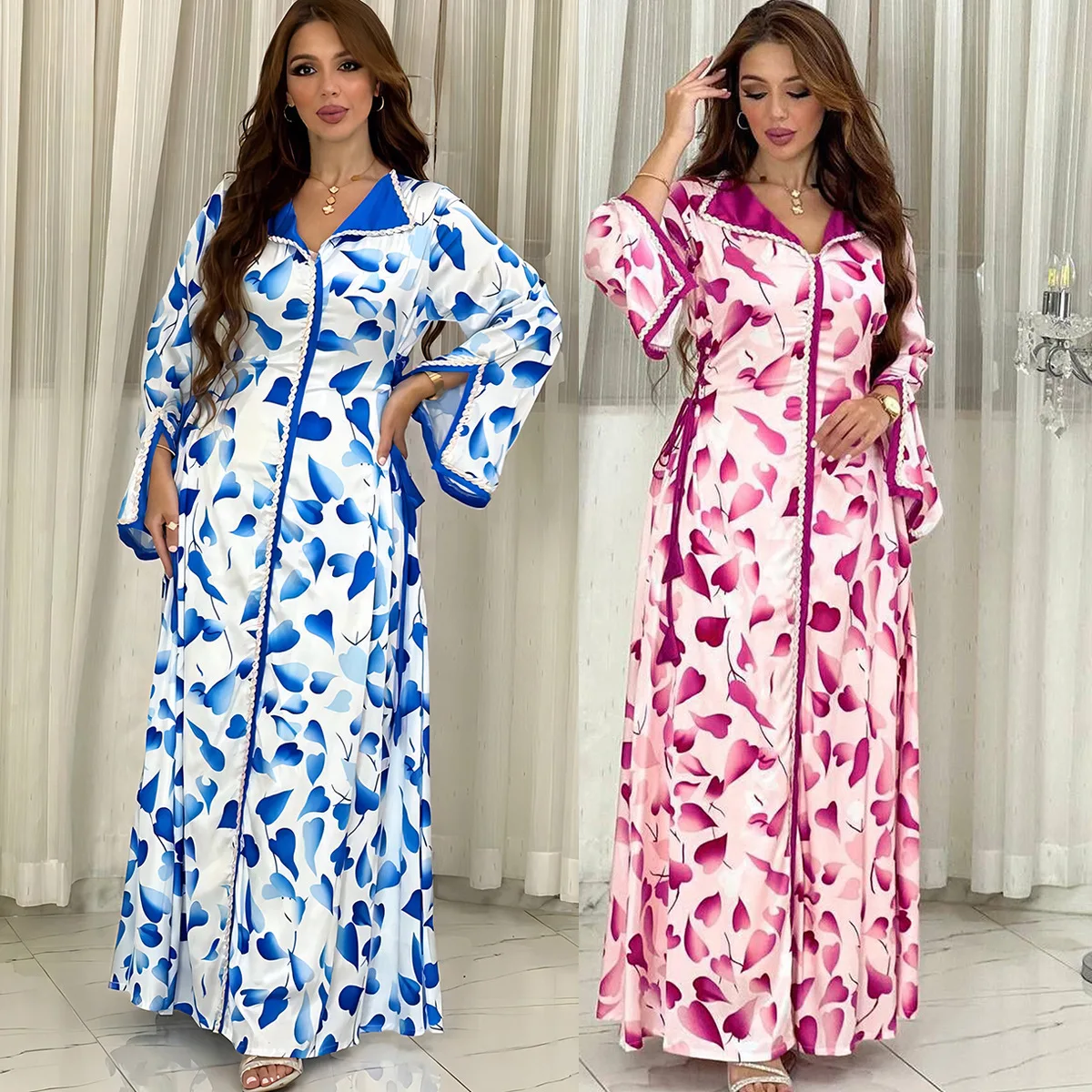 Middle Eastern Printed Diamond Long-sleeved Modest Evening Dress Luxury Lace-up Waist Dubai Muslim Robe Elegant Abaya