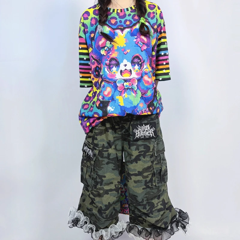 Original Heavy Craft Y2K Sweet Cool Camouflage Lace Women's Pants Summer Personality Fashion Loose Slimming Denim Capris Ladies