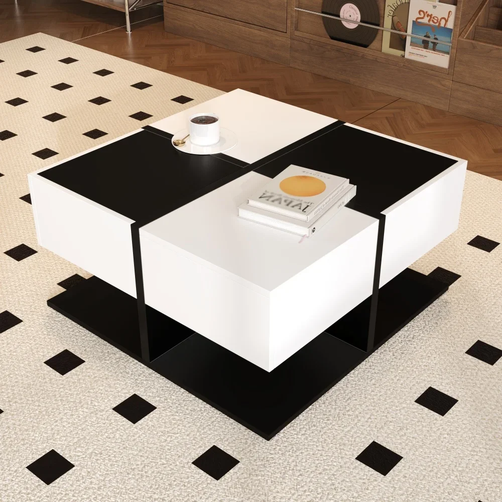 Moderner quadratischer Couchtisch in Schwarz und Weiß mit Stauraum und Schubladenschienen, 70 x 70 x 35,5 cm – Detail 6