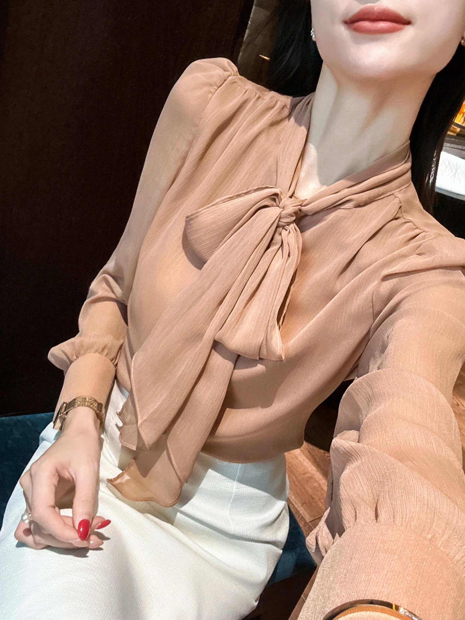 

Женская модная офисная блузка с длинным рукавом и завязками на шее, приталенная, с эффектом разглаживания морщин, для весеннего сезона